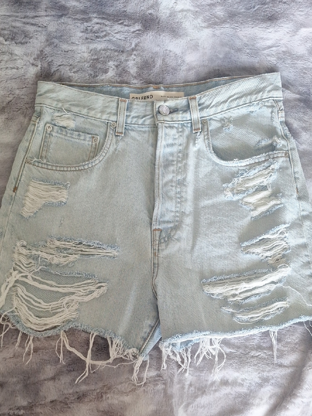 NWOT GRLFRND Light Blue Distressed Denim Shorts High Rise Vintage Design